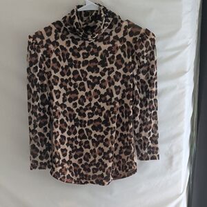 Free People Leopard Print Turtleneck 3/4 Length Sleeve Top - Brown/Black